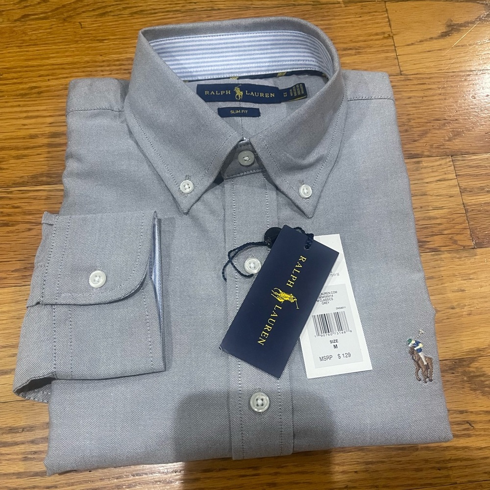 NWT Ralph Lauren Men's Button-Down Dress Shirt in Light Gray Sz M
